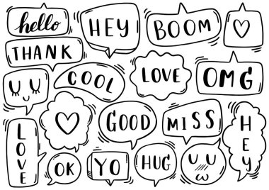 0136 el çizimi arkaplan çizimi şirin konuşma balonu eith metin seti karalama tarzı