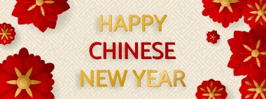 Yatay afiş Çin Yeni Yıl Elementleri. Çiçekler Kağıt Kesiği Vektör illüstrasyonu.