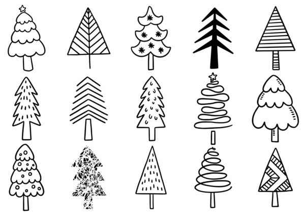 0001 Set Van Met Hand Getrokken Kerstboom Geïsoleerde Elementen Gebruik — Stockvector