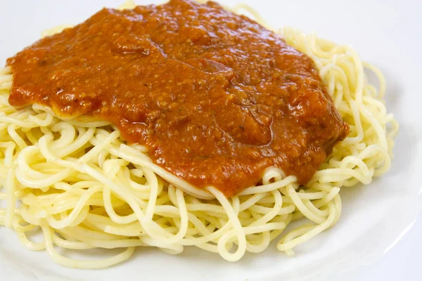 Piatto Spaghetti Bolognese Tavolo Legno — Foto Stock