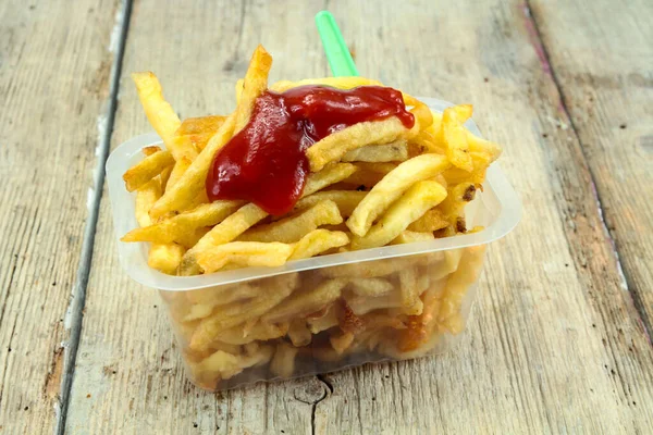 Bandeja Batatas Fritas Com Ketchup — Fotografia de Stock
