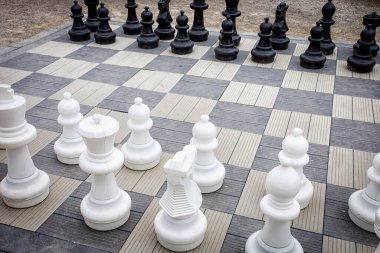 Yerde büyük bir satranç takımı.