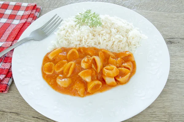 Placa Calamar Estilo Americano Arroz Blanco Plato — Foto de Stock