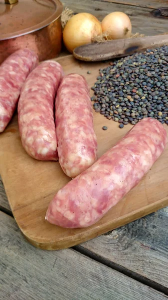 Sausage Lentils Cutting Board — Stock Photo, Image