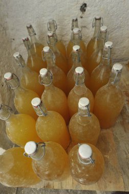 Bodrumdaki cam şişelerde meyve suyu deposu.