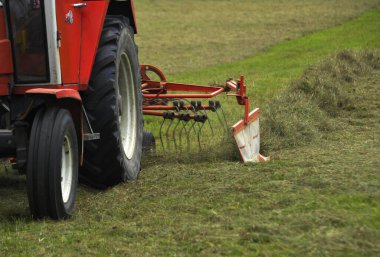 Tarım sektöründe yaz aylarında saman döndürme makinesi.