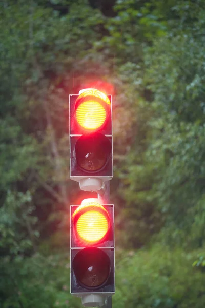 Két Piros Lámpa Zöld Fákkal Háttérben — Stock Fotó