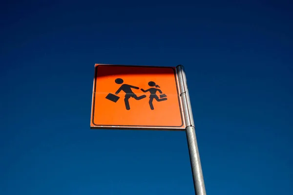 Attention School Kids Traffic Sign Orange Pedestrian Blue Background — Stock Photo, Image