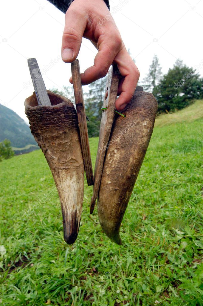 farmer holding a pair of cow horns in his hand