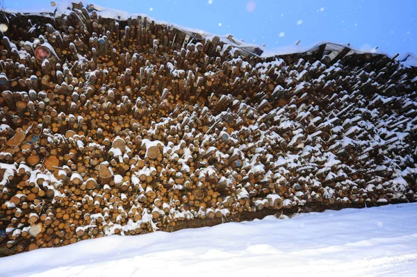 Brennholzstapel Zum Heizen Winter Mit Schnee Bedeckt — Stockfoto