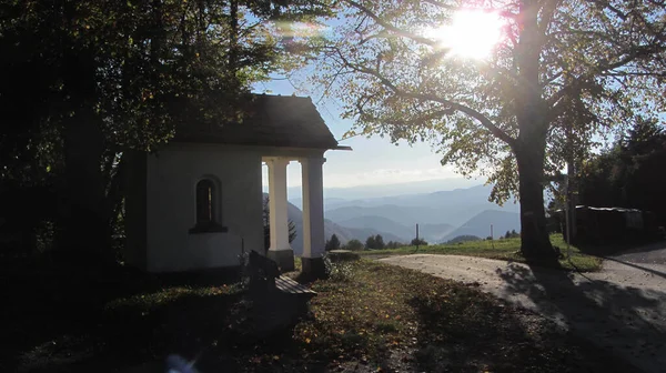 a chapel, place for prayer and worship in christian religion, sun shining through a tree