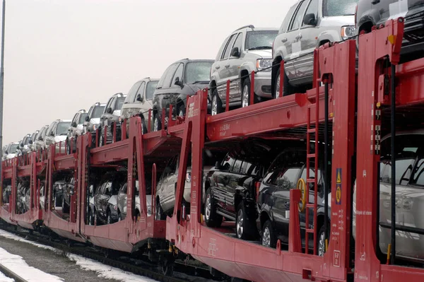 red transport train with many cars on it, rail transport, gray sky