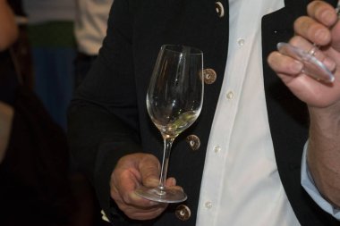 Bir elinde bir bardak beyaz şarap tutan kişi.