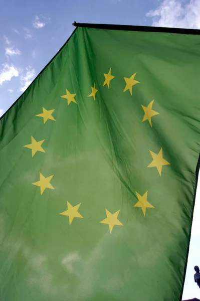欧洲议会中的绿色议会党团 有星星的绿色欧洲旗帜 — 图库照片