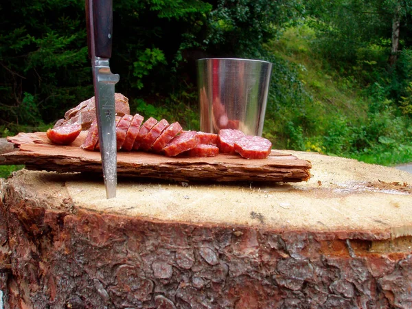 Plato Salchicha Tradicional Con Pan Cuchillo Tronco Árbol Bosque — Foto de Stock