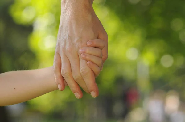 Niño Una Madre Tomados Mano Fondo Verde Borroso — Foto de Stock