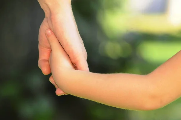 Niño Una Madre Tomados Mano Fondo Verde Borroso — Foto de Stock