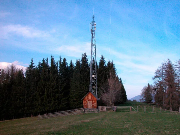 田舎の青い空の細胞塔と木は — ストック写真