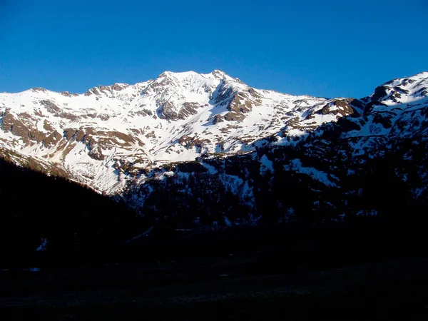 Snöiga Berg Vinterdag Blå Himmel Gröna Träd — Stockfoto