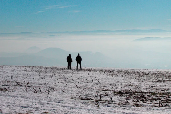 Dwoje Ludzi Spacer Zimowym Krajobrazie Słoneczny Dzień Błękitne Niebo — Zdjęcie stockowe