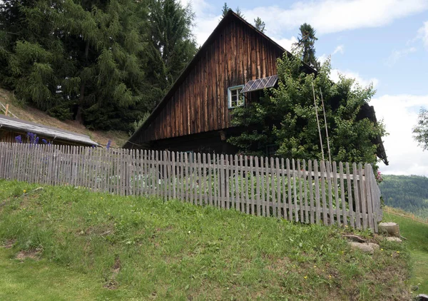緑の牧草地と木の柵のあるアルプスの山小屋で — ストック写真