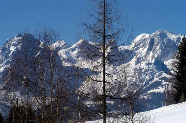 Śnieżne Góry Zimowym Krajobrazie Słoneczny Dzień Błękitne Niebo — Zdjęcie stockowe