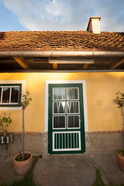 Vintage Porta Verde Madeira Entrada Jardim Para Edifício Amarelo — Fotografia de Stock