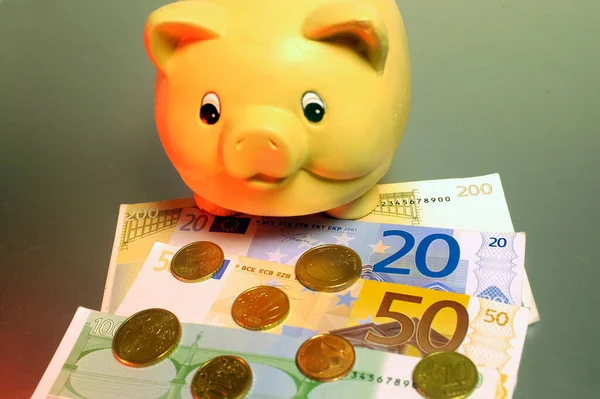 yellow piggy bank standing in front of euro coins and banknotes