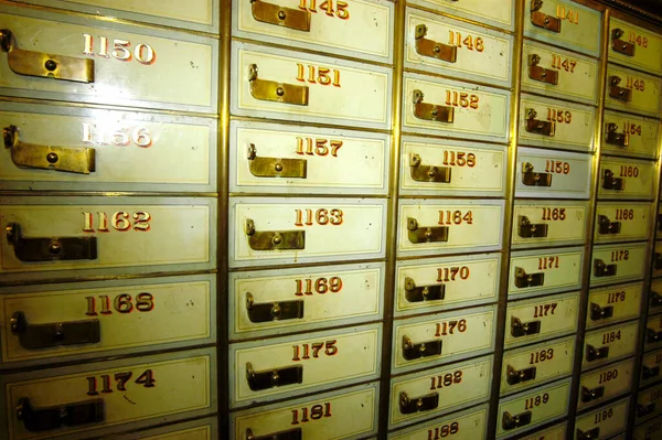 保险箱或保险箱储物柜 旧绿色盒子上的金色数字 — 图库照片
