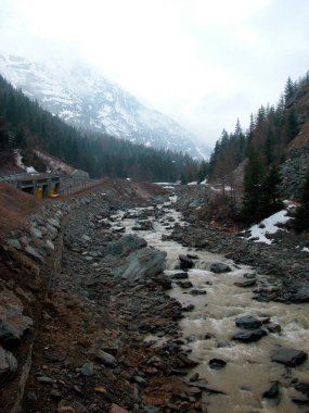 Kışın Alpler 'de bir ormanda dağ deresi, arkada karlı bir dağ.