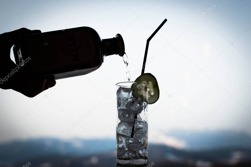 gin bottle, glass with ice cubes with a slice of cucumber, gin tonic
