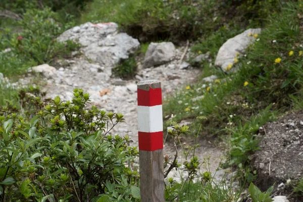 Rojo Blanco Rojo Sendero Senderismo Marcado Las Montañas Los Alpes — Foto de Stock