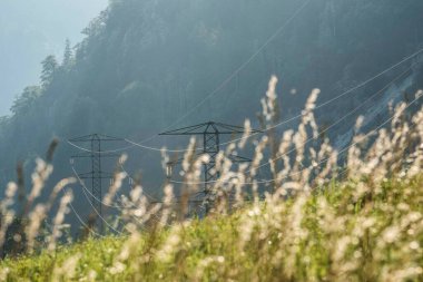 380 kv 'lik elektrik hattı ve elektrik direğine sahip enerji kaynağı.