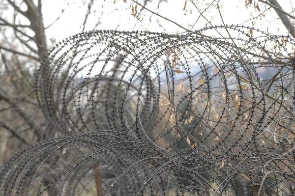 забор из колючей проволоки на границе, препятствие при пересечении границы