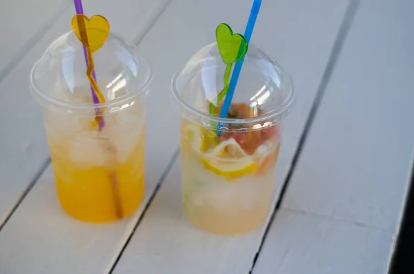 Two Glasses Cold Summer Drinks Glasses Mojito White Wooden Table — Stock Photo, Image