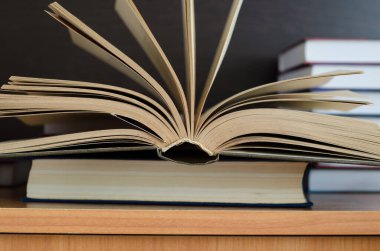Vantilatör şeklinde açık bir kitap masanın üzerinde diğer kitapların arka planında yatıyor. Evde eğitim kavramı, bilgi edinme.
