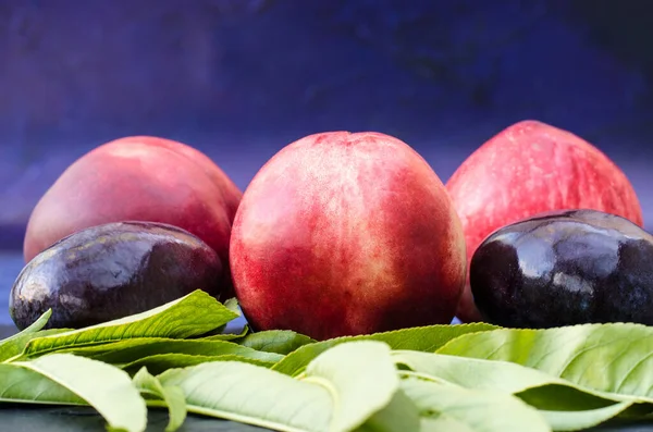 Peaches and plums side view. Fruits on a blue background. Healthy food and vegetarianism concept