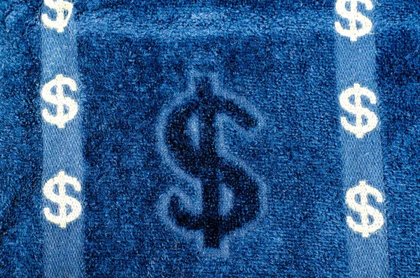 Dingen Met Een Dollarteken Blauw Badstof Oppervlak Met Gouden Dollartekens — Stockfoto