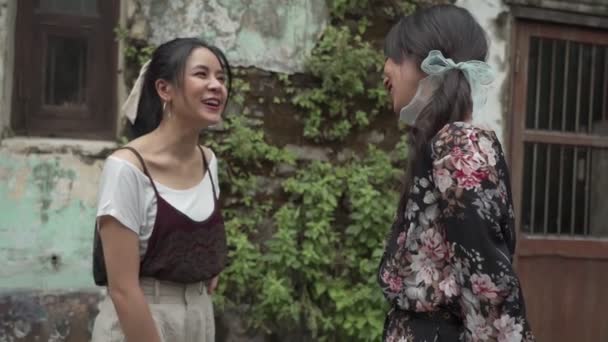 Азиатская Молодая Женщина Имеет Дружеский Разговор Открытый Парк Естественное Освещение — стоковое видео