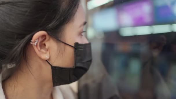 Asian Female Wear Black Mask Look Window Reflection Standing Next — Stock Video