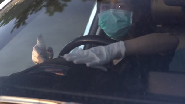 Vista Desde Parabrisas Delantero Mujer Asiática Usar Máscaras Protectoras Guantes — Vídeos de Stock