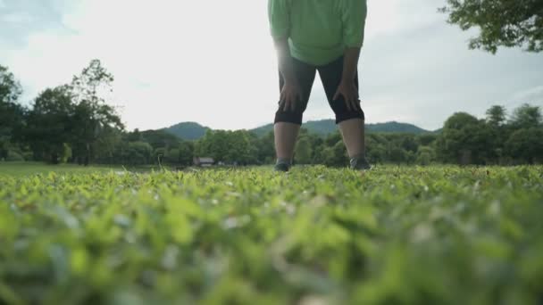 Asiática Activa Mujer Mediana Edad Haciendo Rotación Rodillas Ejercicio Calentamiento — Vídeos de Stock