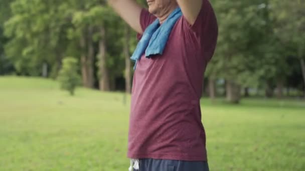 Asiatischer Mann Schwingt Seine Arme Beim Aufwärmen Park Stehen Ältere — Stockvideo