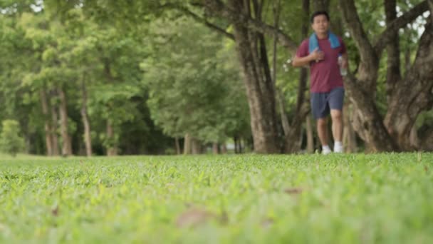 アジアの中年男性が公園で走り休む 木の下に立って休む 運動した後 体の健康疲れ 男性の医療 生命保険プラン 仕事のルーチン — ストック動画