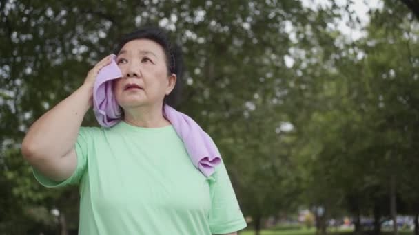 アジアの太りすぎのシニア女性は 公園での運動の後に汗を拭くタオルを使用し 屋外に立って 運動後に休息 ハッピー退職生活 仕事の後に休む 健康状態 — ストック動画
