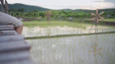 Genç bir kadın tahta köprünün kenarında sallanan bacaklarla oturur, sallanan bacaklar, Asya kültürünün geleneksel pirinç tarlası, sakin bir rahatlama, kalabalık şehirden kaçmak, vücudunun alt kısmı, yolculuğun tadını çıkarmak.