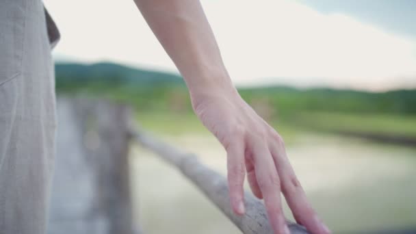 Close Light Skin Female Hand Touch Sliding Wooden Bridge Hand — Stock Video