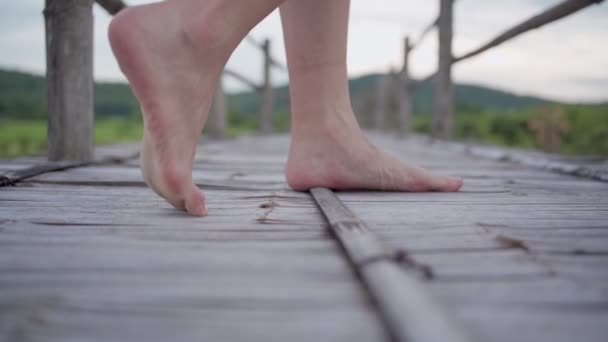 Slow Motion Close Female Bare Feet Walking Wood Bridge Green — Stock Video