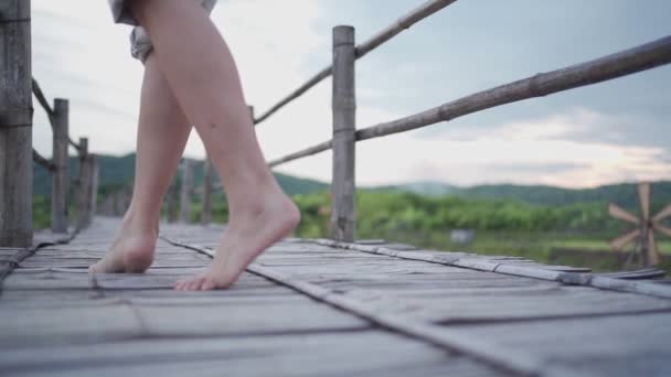 Slow Woman Walking Barefoot Wooden Bridge Fun Care Free Happy — Video