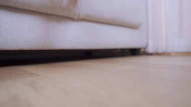 Genç, açık tenli kadınları kapatın. Kanepeden inin. Oturma odası, insan yaşam tarzı, ev dekorasyonu, evde dinlenme zamanı, ayak parmağı tırnağı.